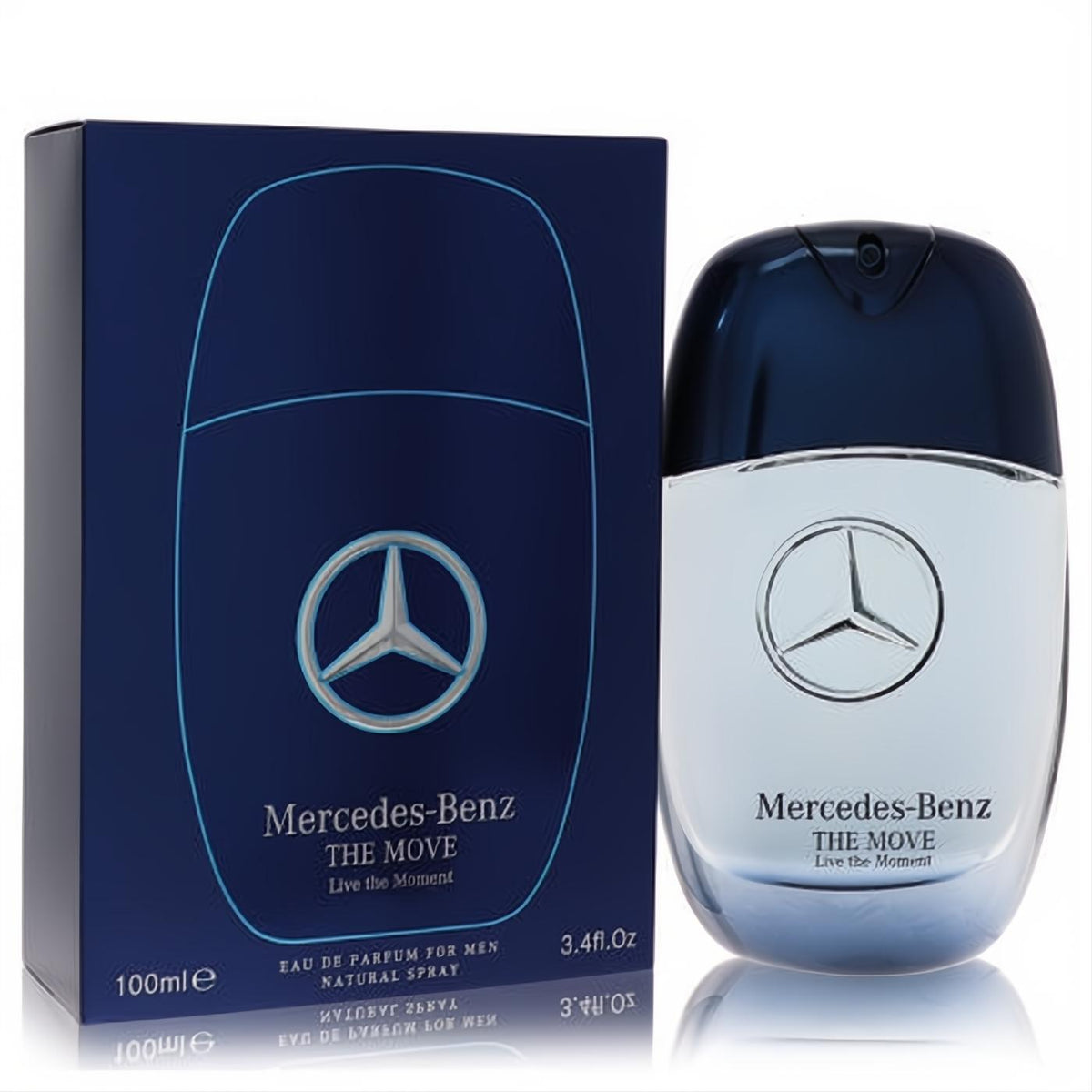 Mercedes-Benz The Move Live The Moment 3.4 oz men's EDP. Sleek blue and silver bottle with iconic logo, next to its dark blue box.