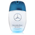 Elevate your style with Mercedes-Benz The Move men's EDT. Sleek clear glass bottle, blue gradient, metallic blue cap, iconic star logo.
