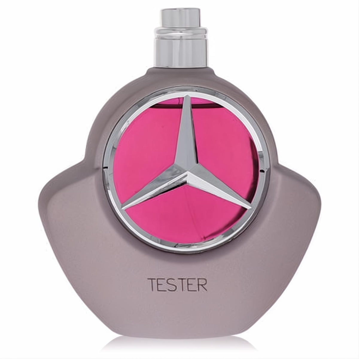 Mercedes Benz Woman Eau De Parfum Tester. Sleek gray bottle, silver cap, iconic logo, and vibrant pink accent.