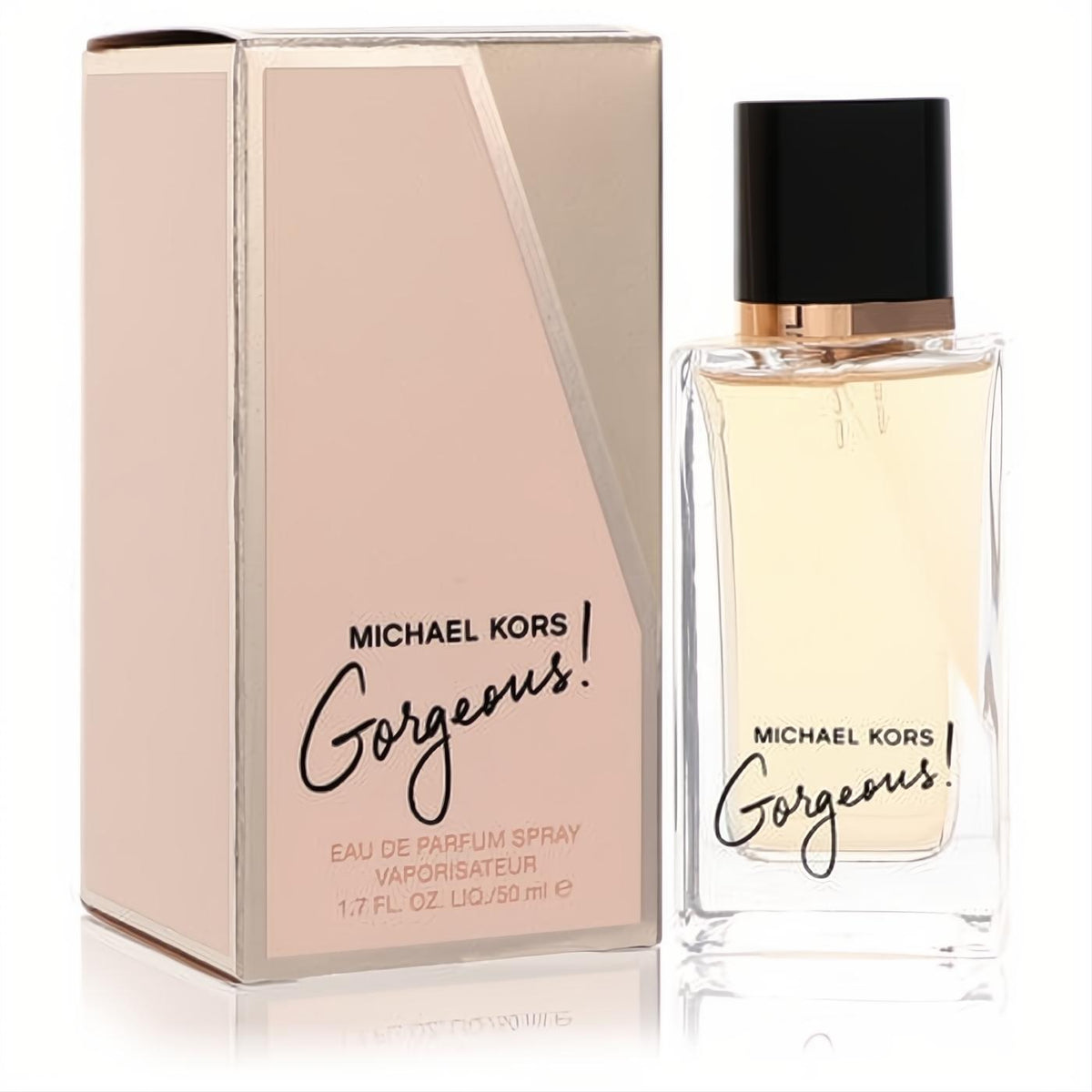 Experience Michael Kors Gorgeous 1.7 oz EDP. Clear glass bottle, black cap, and elegant rose gold box with gold stripe.