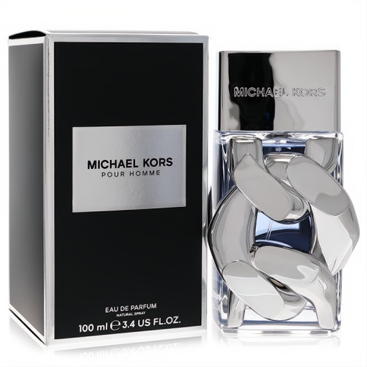 Michael Kors Pour Homme 3.4 oz Eau De Parfum. Clear bottle with a distinctive silver chain-link design and elegant black box.