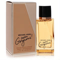 Michael Kors Super Gorgeous 1.7oz EDP. Golden intense perfume in a sleek glass bottle with black cap, next to its chic metallic box.