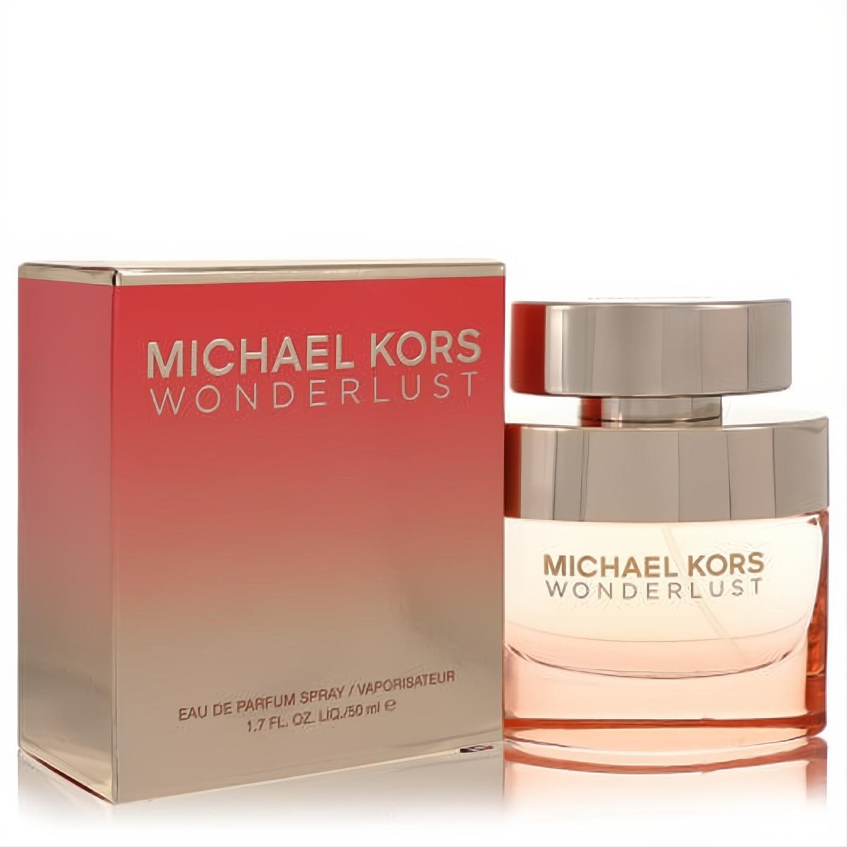 Michael Kors Wonderlust 1.7 oz EDP: clear bottle, rose gold cap, coral liquid, and elegant coral-gold gradient box.