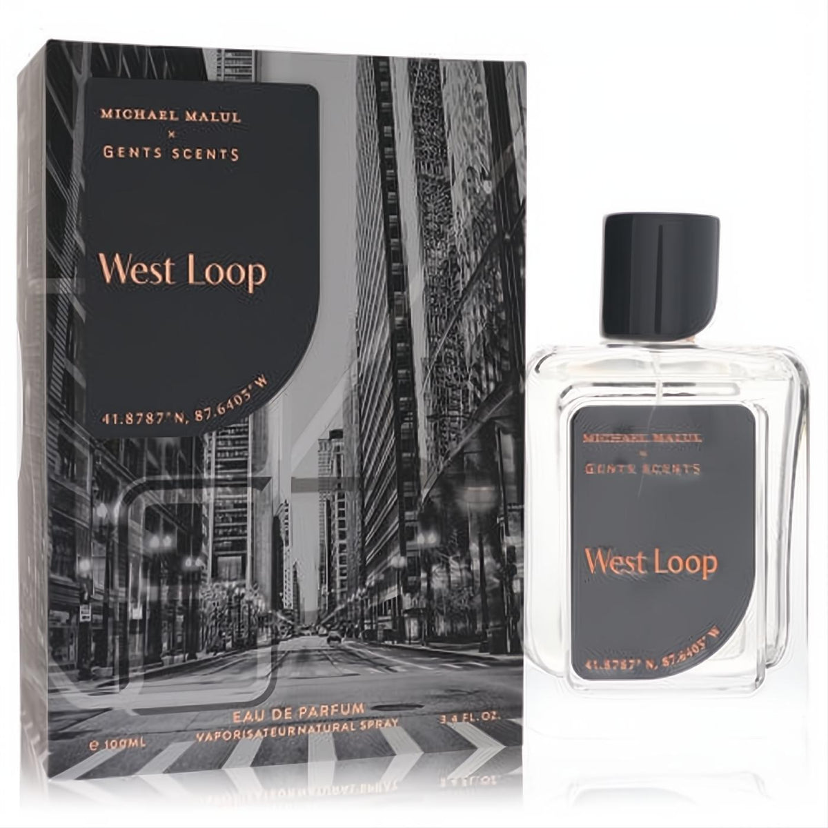Michael Malul West Loop 3.4 oz men's EDP. Sleek clear bottle, black cap, and striking urban cityscape box with copper text.