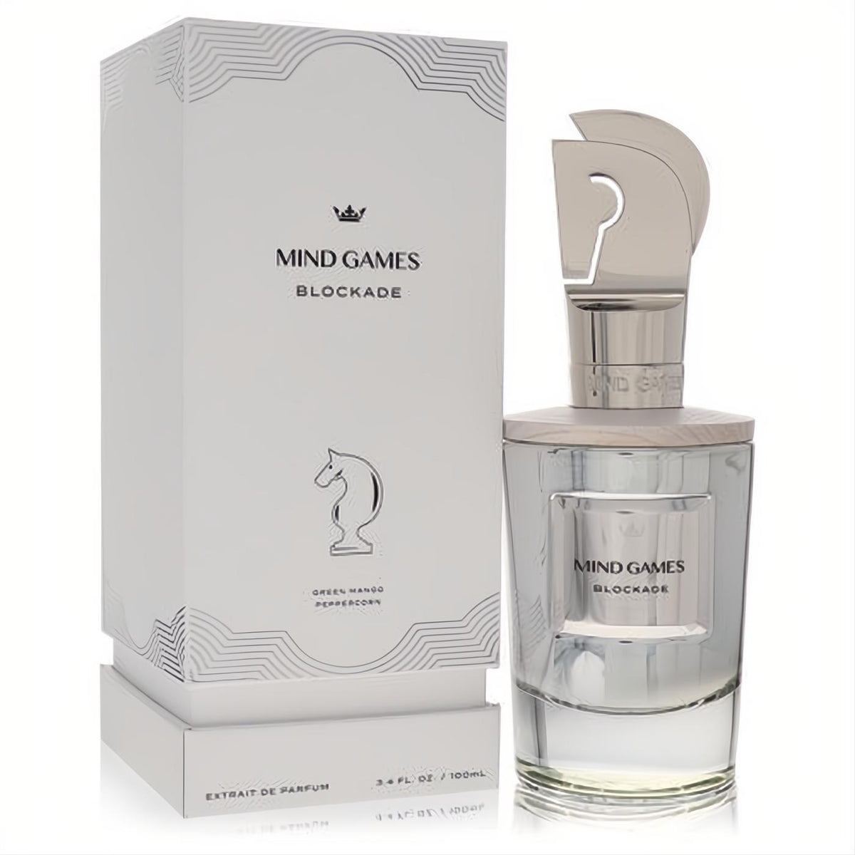 Mind Games Blockade 3.4 oz unisex extrait de parfum. Clear glass bottle, striking silver chess knight cap, and sophisticated white box.