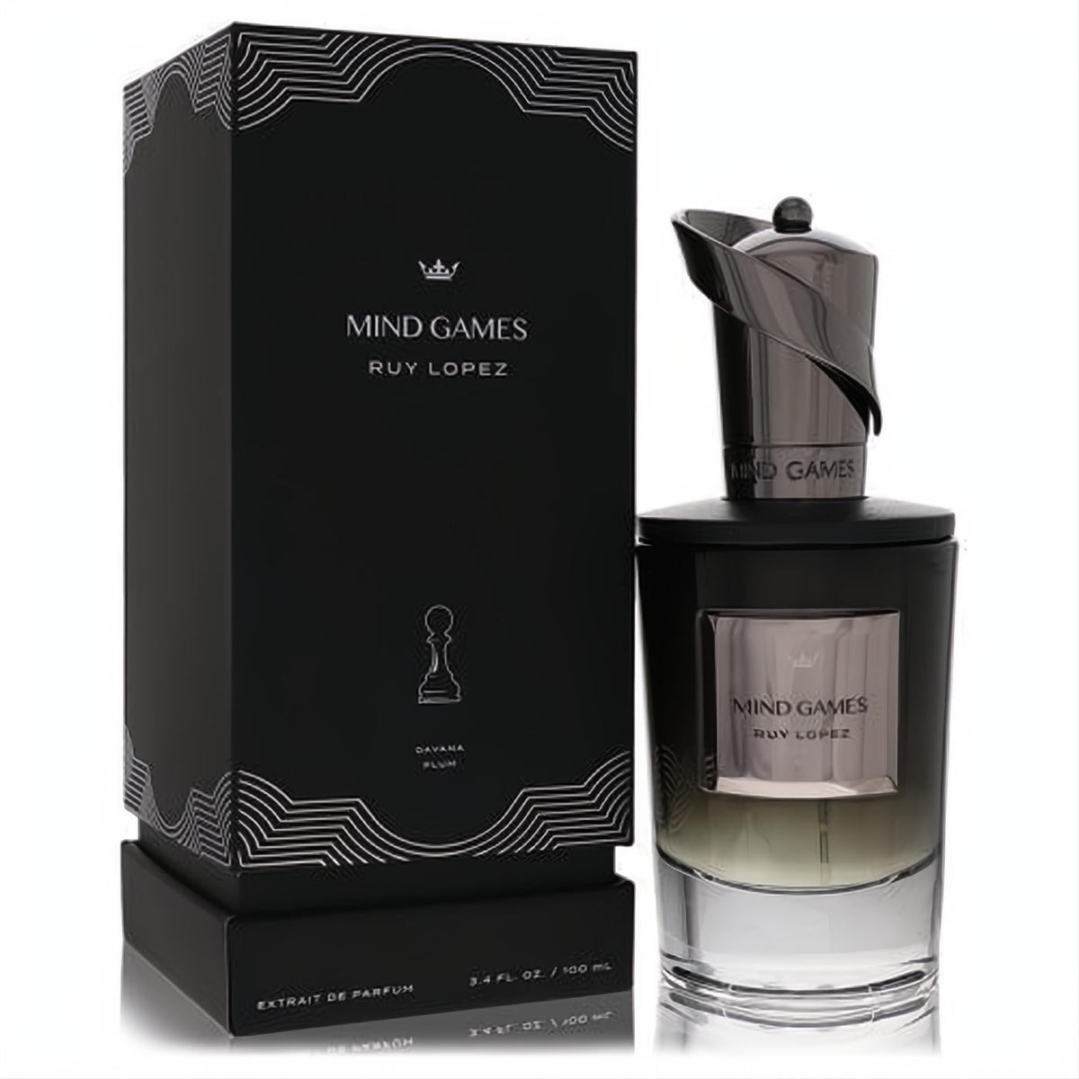 Mind Games Ruy Lopez 3.4 oz unisex Extrait De Parfum. Sleek black bottle, unique metallic cap, and elegant chess-themed box.