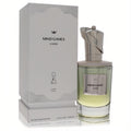 Mind Games Vieri 3.4 oz unisex extrait de parfum. Clear bottle with light green liquid, sleek silver sculptural cap, and white luxury box.
