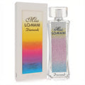 Miss Lomani Diamonds 3.3 oz women's EDP, featuring a clear bottle with sparkling pink and blue crystal-like details, beside its vibrant box.