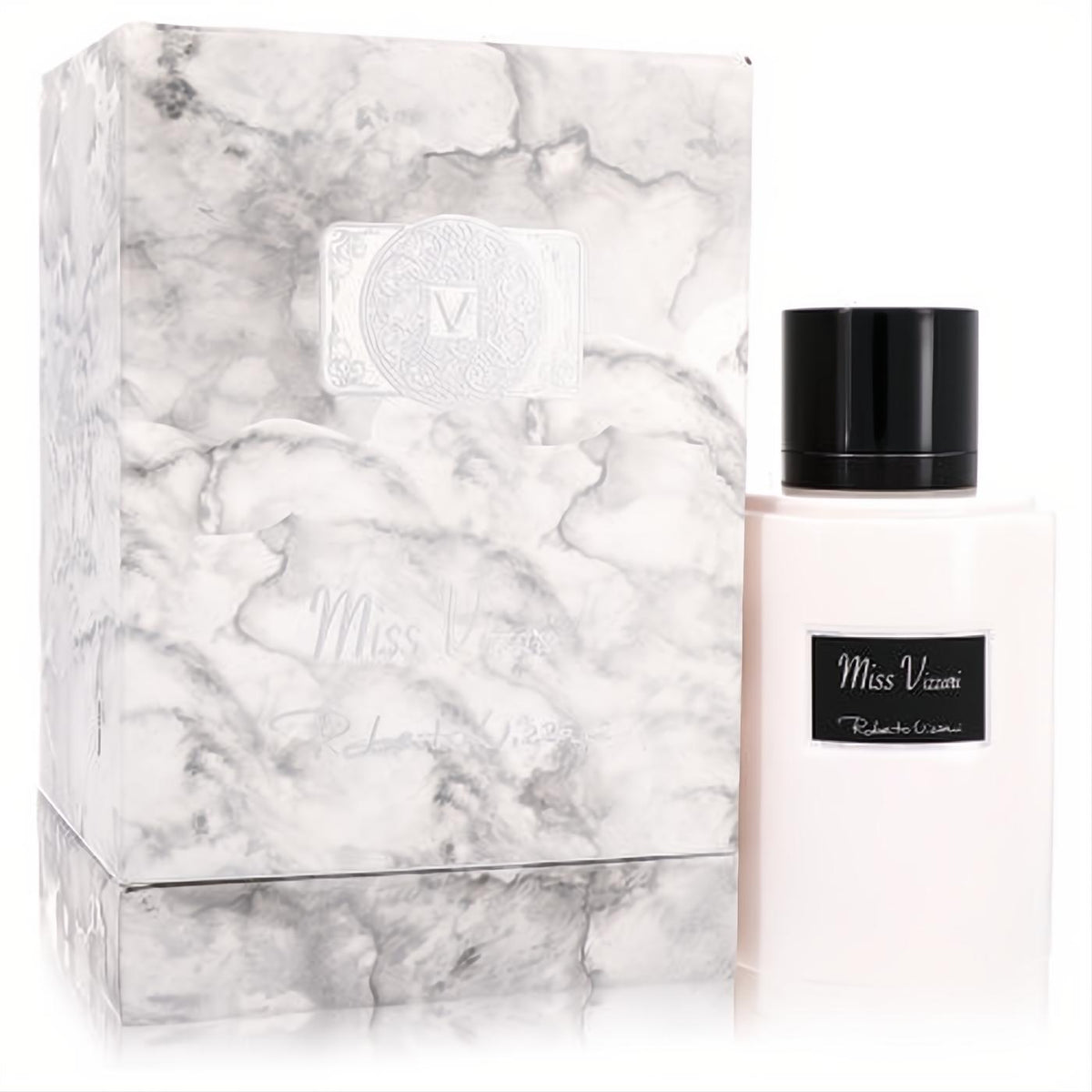 Elegant Miss Vizzari 3.7 oz women's EDP in a sleek blush pink bottle with a black cap, beside its luxurious marble box.