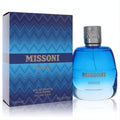 Captivating Missoni Wave 3.4 oz men's EDT. Sleek blue gradient glass bottle, silver cap, and stylish wavy box.