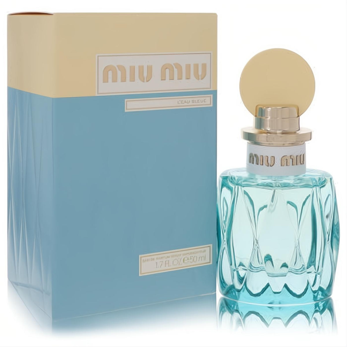 Miu Miu L'eau Bleue 1.7 oz women's Eau de Parfum. Elegant faceted light blue bottle, gold cap, and matching beige/blue box.