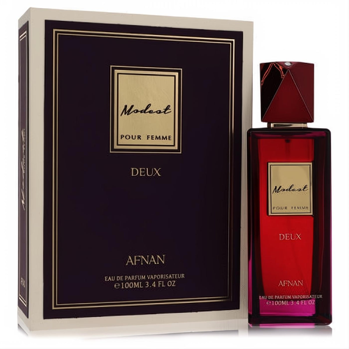 Luxurious Afnan Modest Pour Femme Deux 3.4 oz EDP. Vibrant deep red glass bottle, gold label, faceted cap, and elegant matching box.