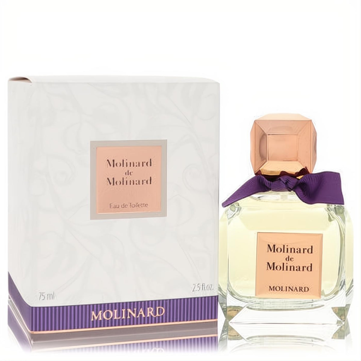 Molinard De Molinard 2.5 oz EDT in a clear glass bottle with a faceted rose gold cap, purple ribbon, and matching white box.