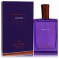 Vibrant Molinard Violette 2.5 oz unisex Eau de Parfum in a sleek purple bottle with bronze cap, beside its elegant matching box.