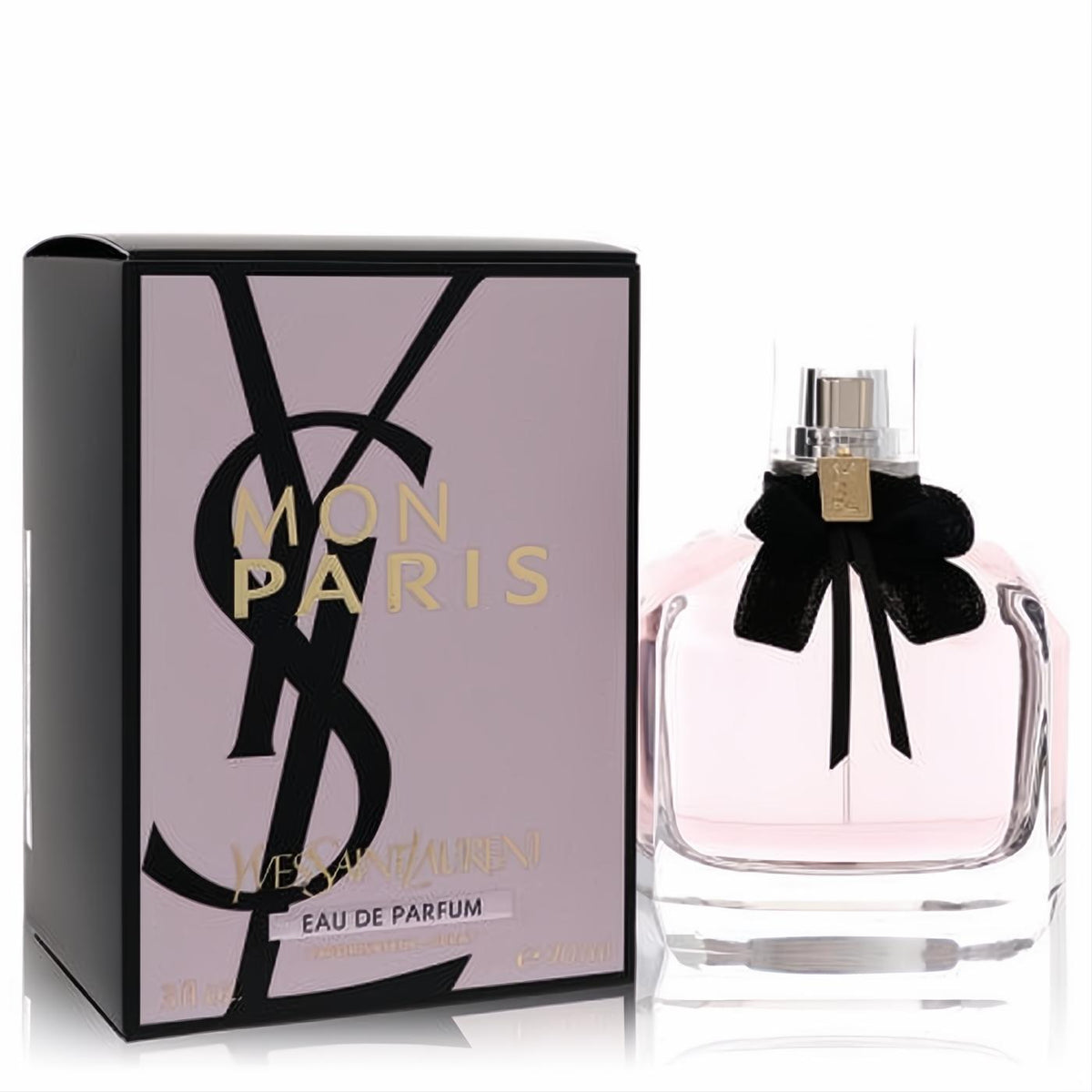 Elegant YSL Mon Paris 3.04 oz Eau De Parfum. Clear bottle with soft pink liquid, chic black bow, and stylish pink & black box.