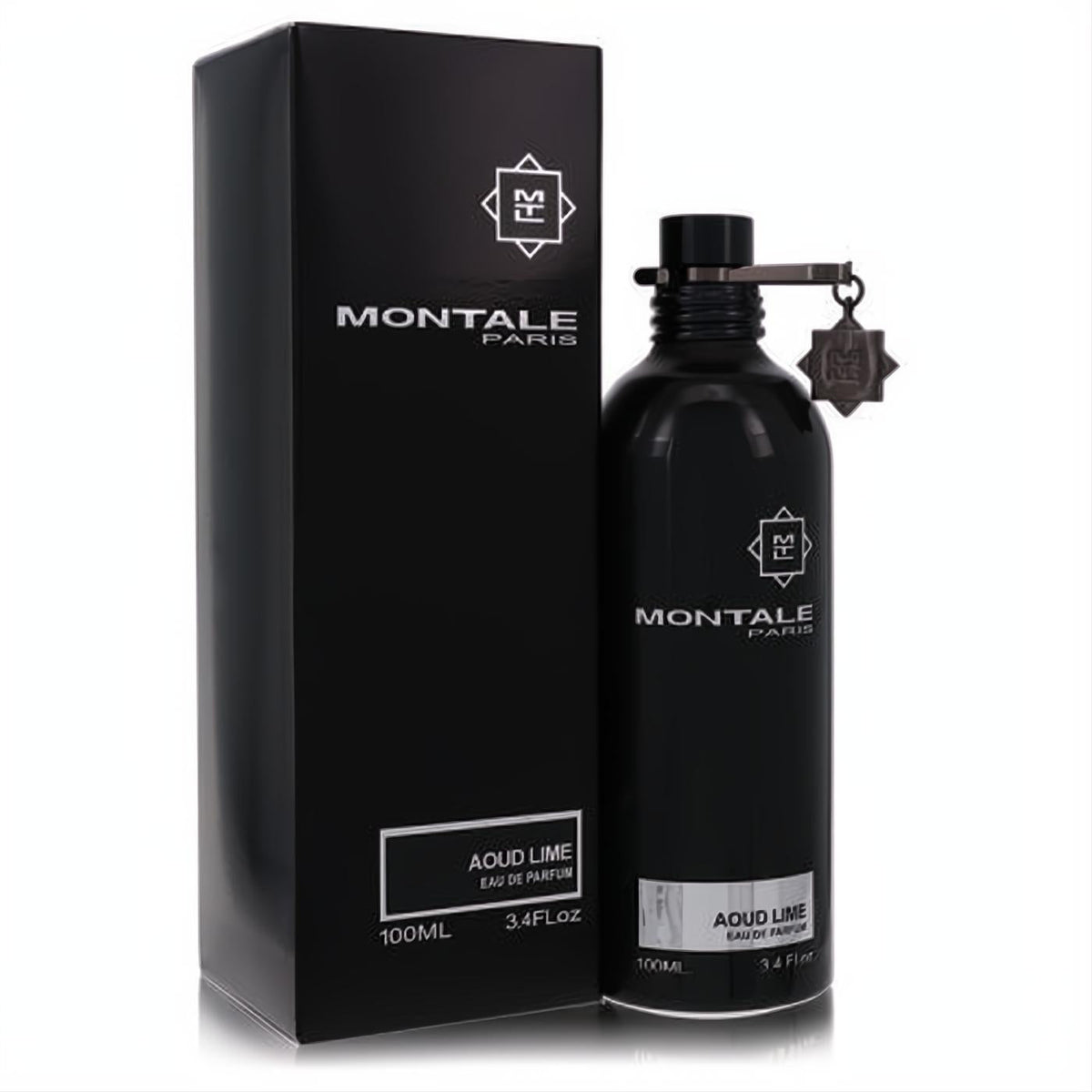 Montale Aoud Lime 3.4 oz unisex Eau De Parfum spray in a sleek black metallic bottle with a matching box and silver charm.