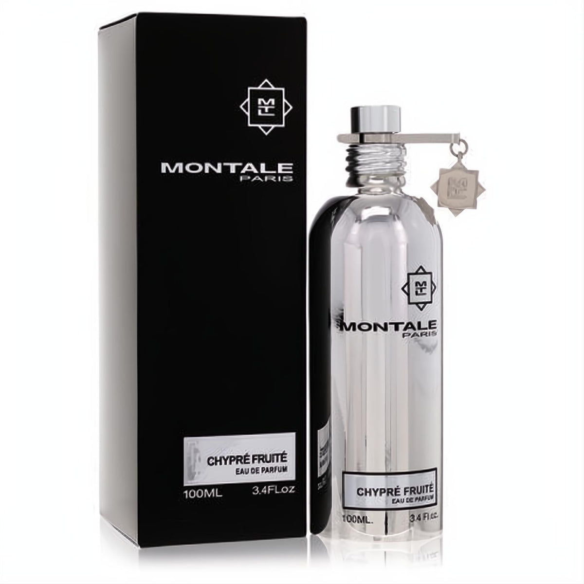 Montale Chypre Fruite 3.4 oz unisex EDP. Shimmering silver metallic bottle with signature charm and sleek black box.