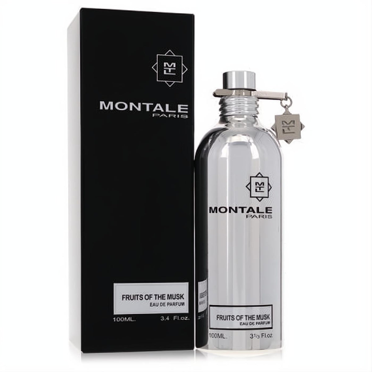 Montale Fruits of The Musk 3.4 oz unisex EDP. Sleek metallic silver bottle with signature charm, paired with an elegant black box.