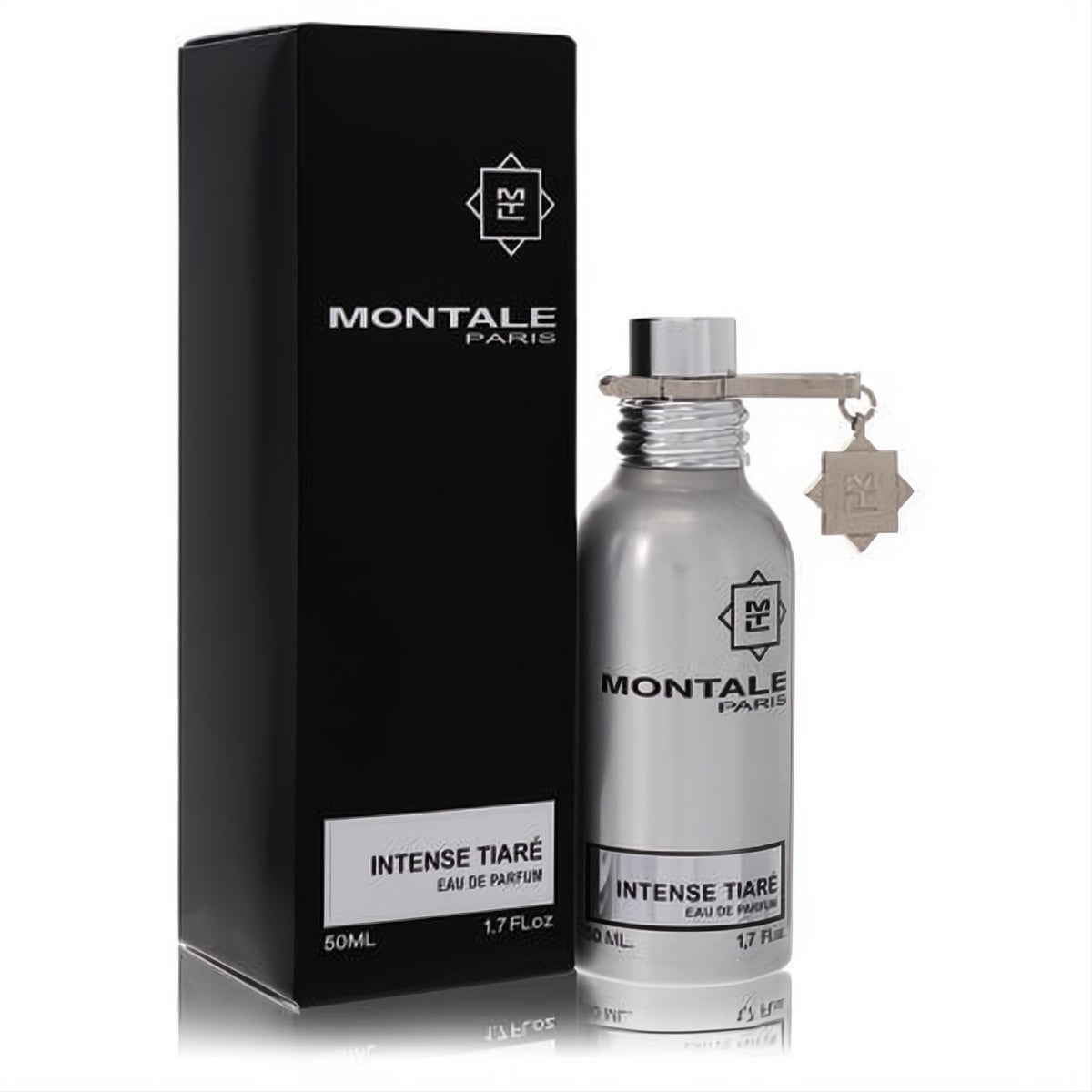 Montale Intense Tiare 1.7 oz EDP in a stunning metallic silver bottle with signature charm, beside its elegant black box.
