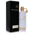 Luxurious Montale White Aoud 3.4 oz unisex EDP in a sleek white bottle with gold cap, star charm, and black box.