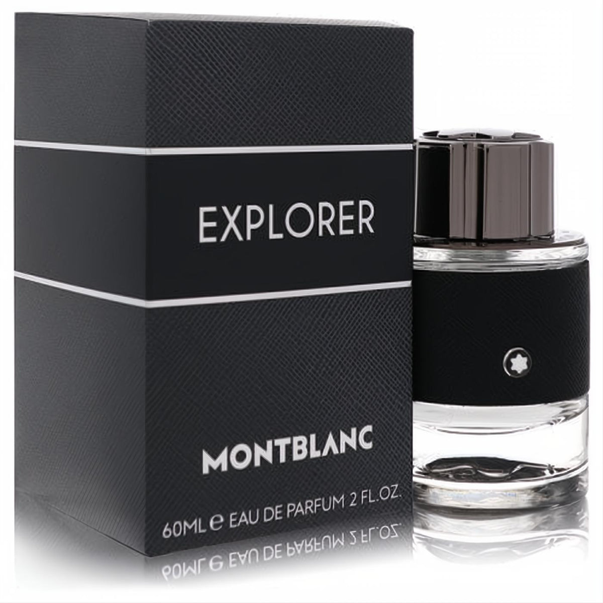 Montblanc Explorer 2 oz men's EDP spray. Sophisticated black textured box and clear bottle with signature star logo.
