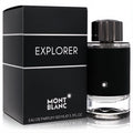 Montblanc Explorer men's Eau De Parfum, 100ml (3.3 fl.oz.). Sleek black bottle with textured sleeve and elegant matching box.