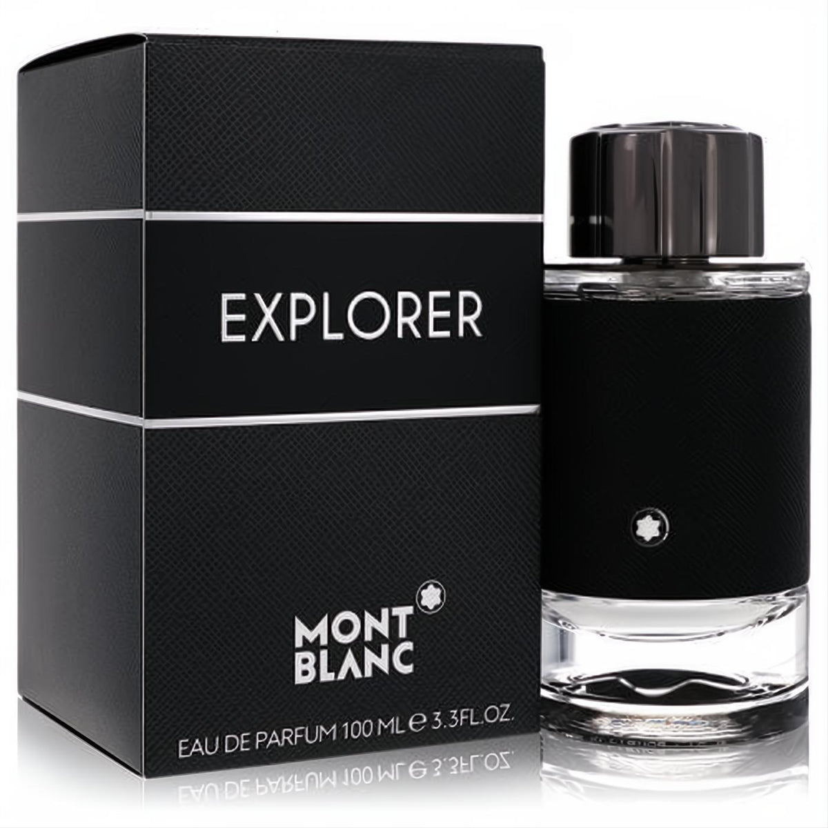 Montblanc Explorer men's Eau De Parfum, 100ml (3.3 fl.oz.). Sleek black bottle with textured sleeve and elegant matching box.
