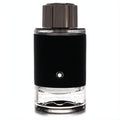 Montblanc Explorer men's EDP spray. Bold black textured bottle, clear glass base, and dark ribbed cap with iconic star logo.