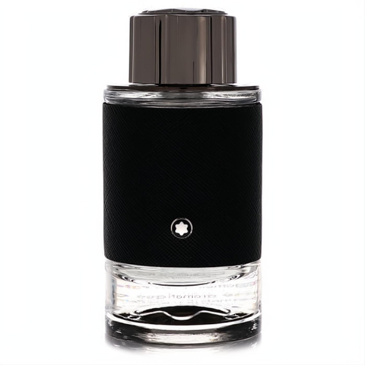 Montblanc Explorer men's EDP spray. Bold black textured bottle, clear glass base, and dark ribbed cap with iconic star logo.