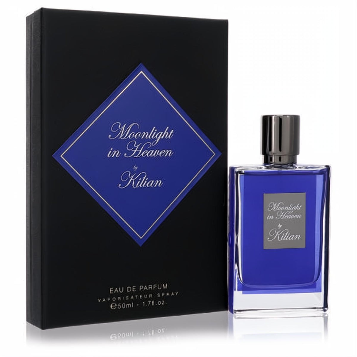 Moonlight in Heaven by Kilian 1.7 oz unisex EDP. Elegant royal blue glass bottle, dark metallic cap, and sleek black box.