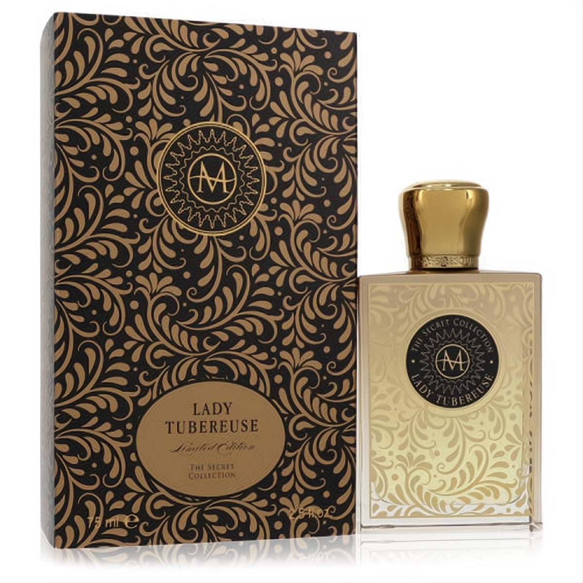 Stunning Moresque Lady Tubereuse 2.5 oz EDP. Ornate gold-capped glass bottle with rich liquid, next to a luxurious black and gold patterned box.