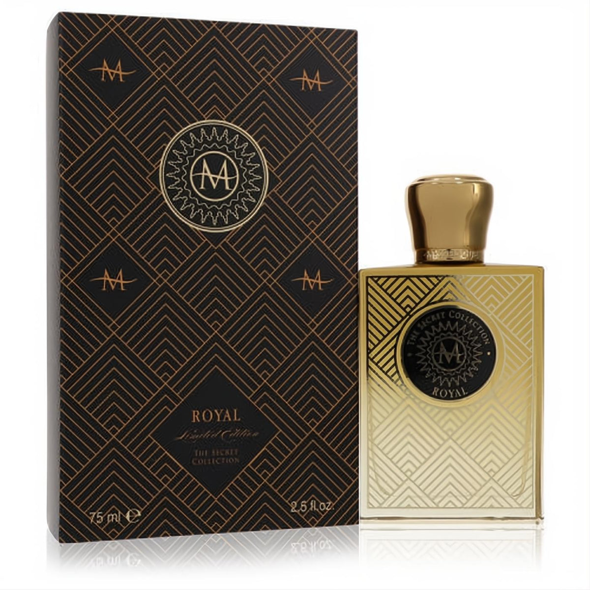 Moresque Royal Limited Edition 2.5 oz EDP. Elegant gold and black geometric bottle with matching box, featuring a regal 'M' emblem.