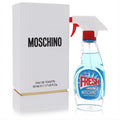 Moschino Fresh Couture 1.7 oz women's EDT. Iconic blue cleaner-style spray bottle with red trigger, next to its white and gold box.