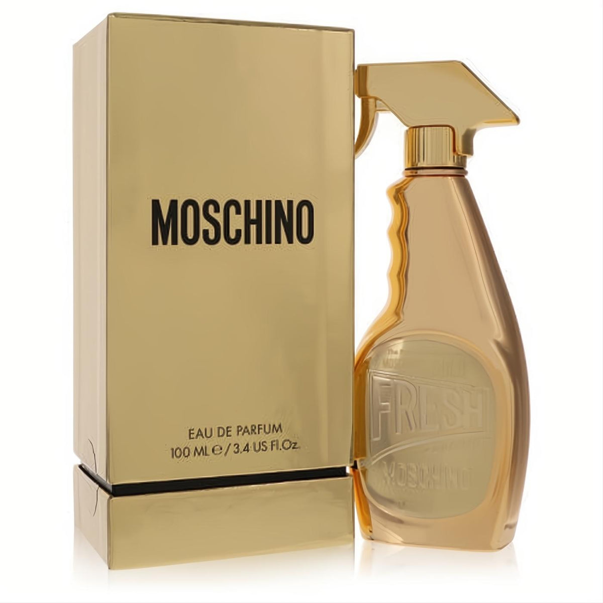 Moschino Fresh Gold Couture 3.4 oz EDP. Dazzling gold cleaning spray bottle and box, a captivating women's perfume.