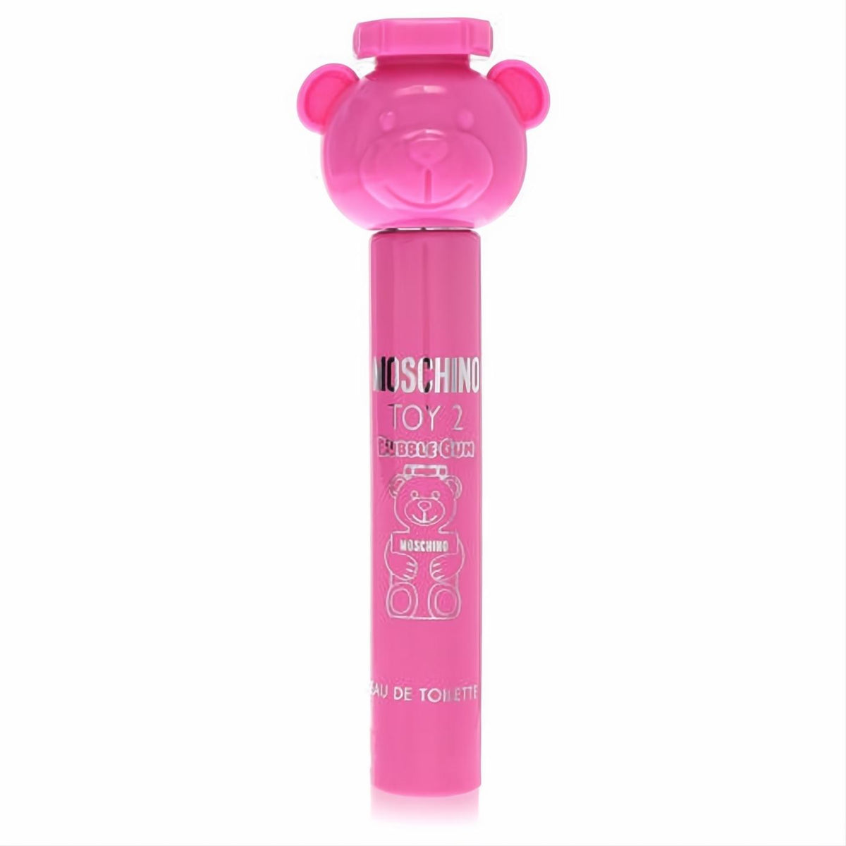 Vibrant pink Moschino Toy 2 Bubble Gum mini EDT spray, featuring a playful teddy bear cap and iconic branding.