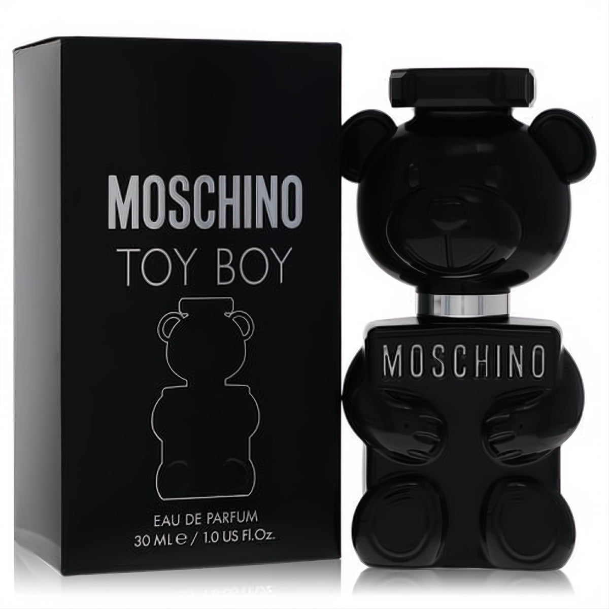 Moschino Toy Boy 1 oz Eau De Parfum: a bold black teddy bear bottle with silver details, beside its matching sleek black box.