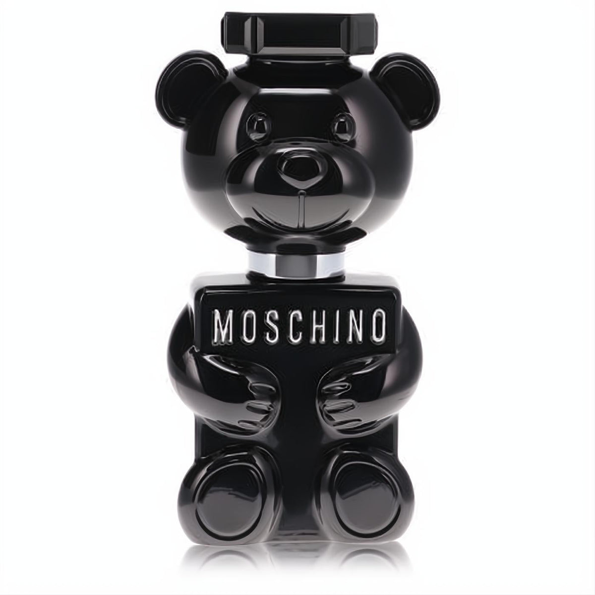 Iconic Moschino Toy Boy men's EDP spray in a glossy black teddy bear bottle with prominent silver branding.
