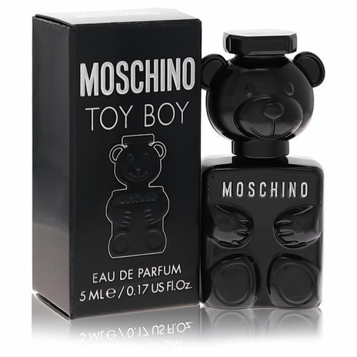 Experience Moschino Toy Boy .17 oz mini EDP. Bold black teddy bear bottle and sleek matching box.