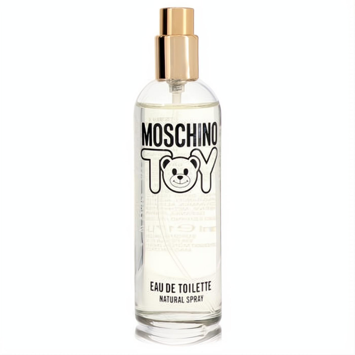 Moschino Toy women's 1.7 oz EDT tester. Clear glass bottle, sleek gold spray cap, and playful teddy bear logo.