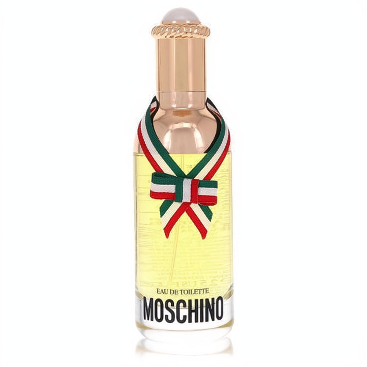 Moschino Eau De Toilette 2.5 oz tester in a clear glass bottle, gold cap, pearl stopper, and a chic green, white, red ribbon bow.