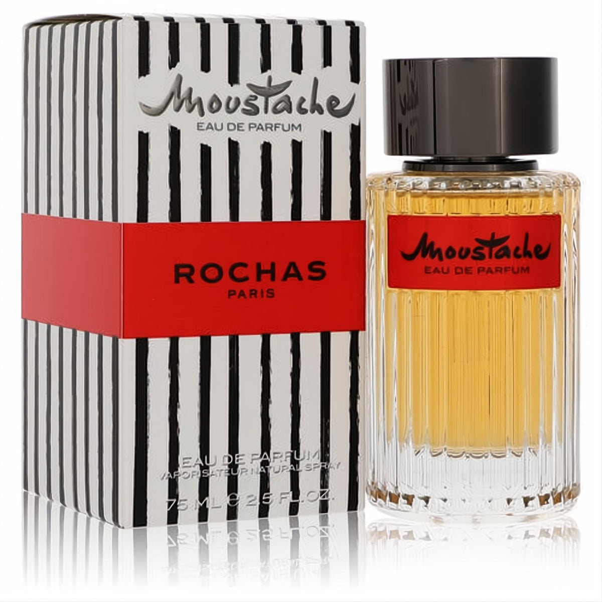 Moustache by Rochas 2.5 oz men's Eau De Parfum. Amber liquid in a ribbed glass bottle, beside its striking black striped box with a red band.
