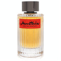 Elegant Moustache by Rochas Eau De Parfum 4.1 oz for men. Clear ribbed glass bottle, amber liquid, bold red label, sleek dark cap.