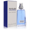 Mugler Heal Your Mind unisex 3.3 oz EDT. Sleek clear bottle with refreshing blue liquid, silver spray, and modern white/blue box.
