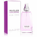 Mugler Run Free 3.3 oz unisex EDT spray. Chic lavender glass bottle with silver cap, displayed with its bold purple and white box.