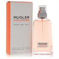 Mugler Take Me Out 3.3 oz unisex EDT spray in a clear glass bottle with peach liquid, beside its vibrant white and orange box.