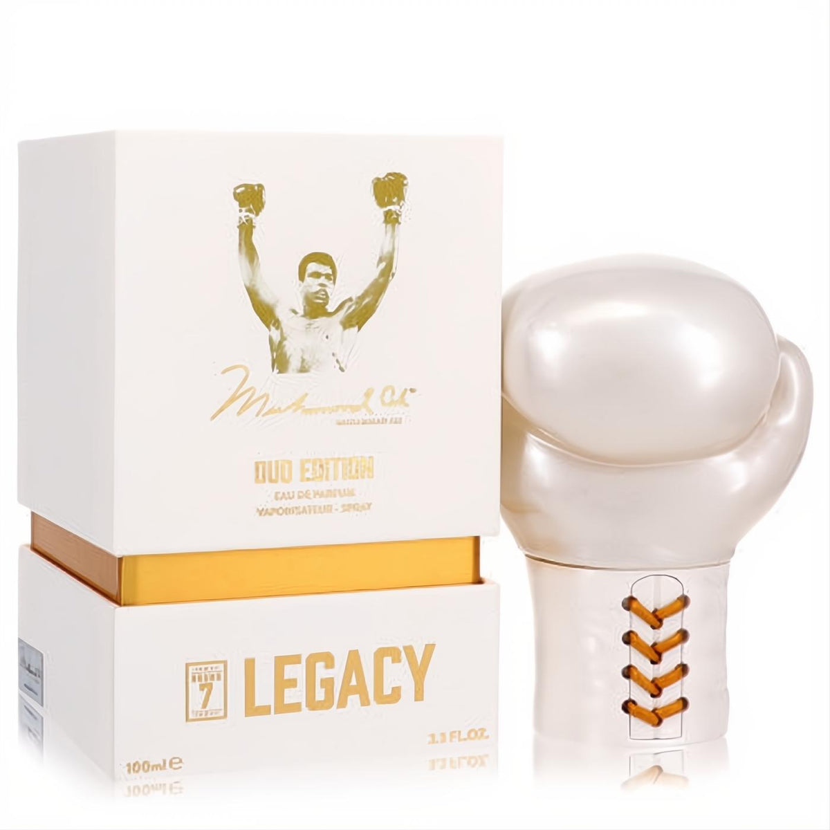 Iconic Muhammad Ali Legacy Round 7 Oud Edition men's 3.3 oz perfume in a white boxing glove bottle with gold accents.