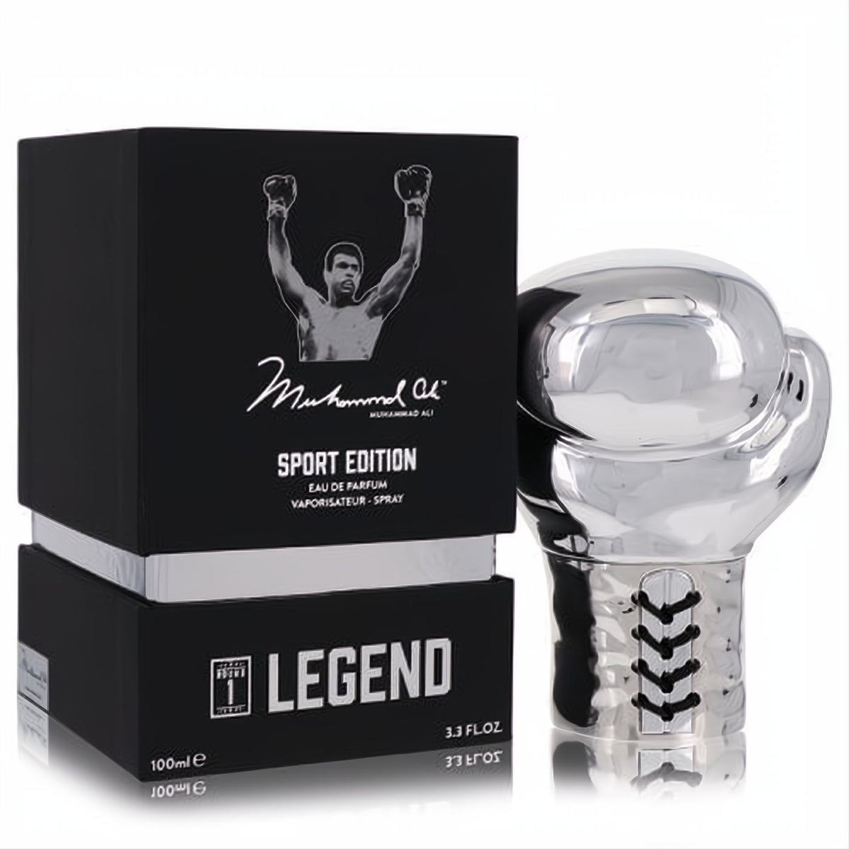 Muhammad Ali Legend Sport Edition 3.3 oz men's EDP. Iconic silver boxing glove bottle and black box with Ali's victory image.