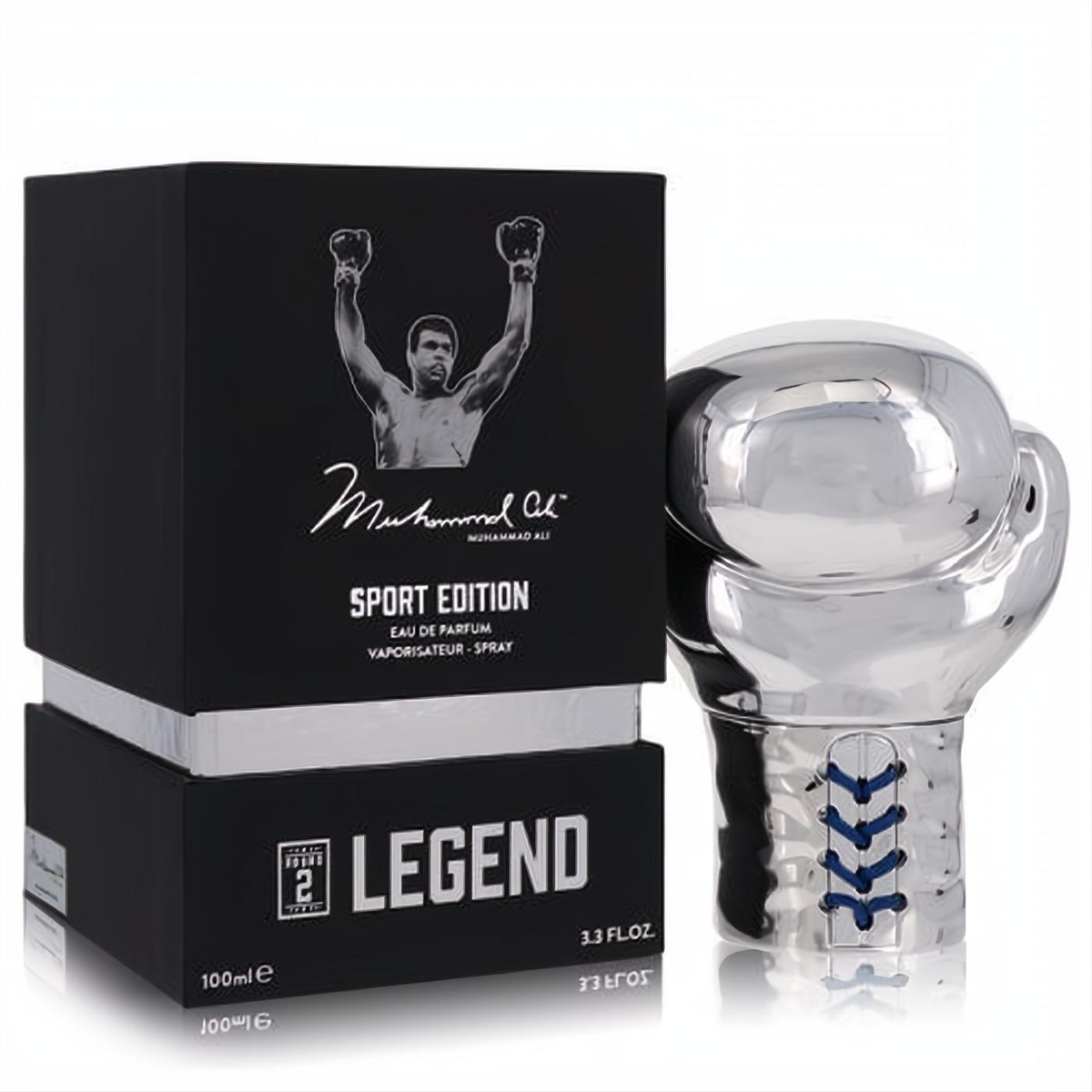 Muhammad Ali Legend Round 2 Sport Edition 3.3 oz men's fragrance. Bold silver boxing glove bottle with blue laces, black box.