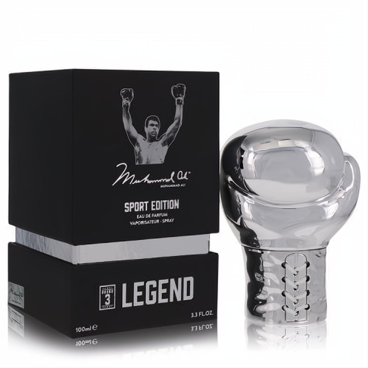 Muhammad Ali Legend Round 3 Sport Edition 3.3 oz men's fragrance. Black box with Ali image, sleek silver boxing glove bottle.