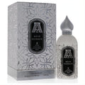 Exquisite Musk Kashmir 3.4 oz EDP by Attar Collection. White bottle with elegant silver cap, black label, and ornate matching box.